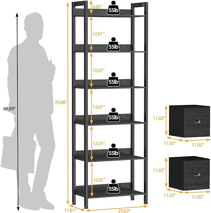Furologee 6-Tier Bookshelf, Tall Bookcase with 2 Drawers Storage Organizer, Industrial Display Free Standing Shelf Units, Wood and Metal Storage Rack for Home Office, Bedroom, Black Oak