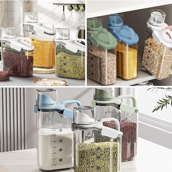 2 PCS Airtight Storage Containers, 2.8L/95fl.oz Cereal Rice Holder, Dog Cat Food Dispenser with Measuring Cup, BPA Free Clear Plastic Kitchen Pantry Organization Bin, 1 Blue+1 White