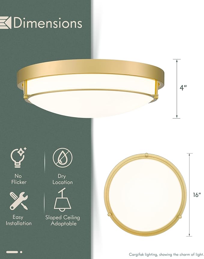 16" Flush Mount Ceiling Light, Farmhouse Style, Frosted Glass Shade,Brass Gold, for Living Room, Bedroom, Dining – CKCL4822-3W-BB