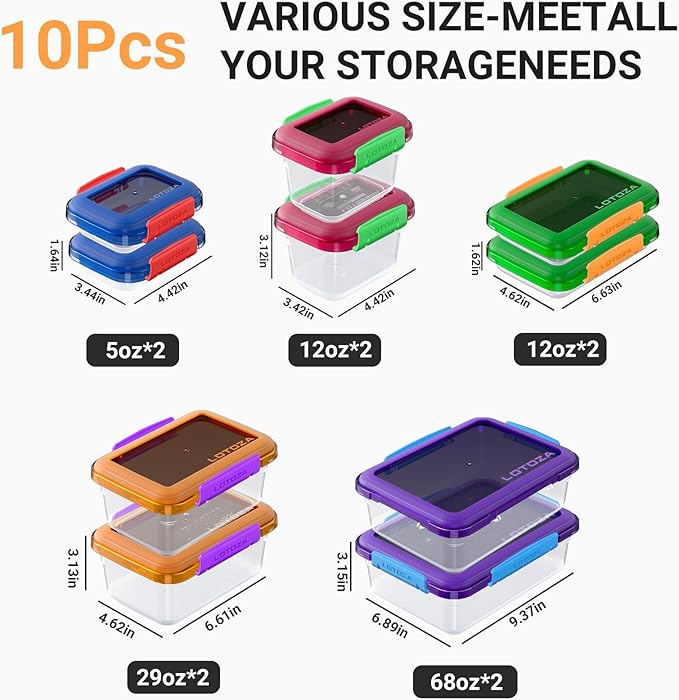 10 Pcs Set Food Storage Containers with Lids BPA Free Plastic Snap Lock Container Kitchen Pantry Organization for Meal Prep Lunch Salad Leftover Fruit Stackable Microwave Dishwasher Safe 5/12/29/68 oz