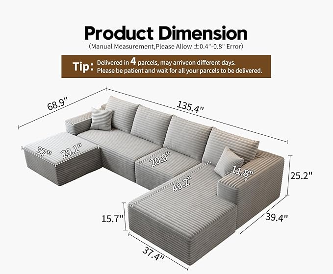 135.4" Cloud Modular Sectional Couch with 1 Ottoman,Modern Minimalist Upholstered Couches, Comfort U Shaped Sofa for Living Room,Deep Seat Corner Couch，No Assembly Required (Grey,Right Facing Chaise)