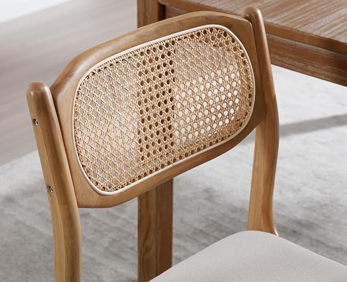 EALSON Farmhouse Rattan Dining Chairs Set of 2 Modern Mid Century Wood Dining Room Chairs with Cane Back Upholstered Linen Kitchen Side Chairs for Living Dining Room,Beige