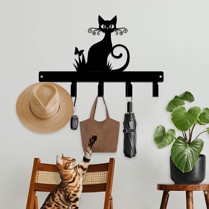 magilab Cat-Themed 10-Inch Iron Key Hooks with 5 Hooks, Black Wall Organizer - Cute Cat Design for Home Decor, No Drill & Screw-in Options (Style E)