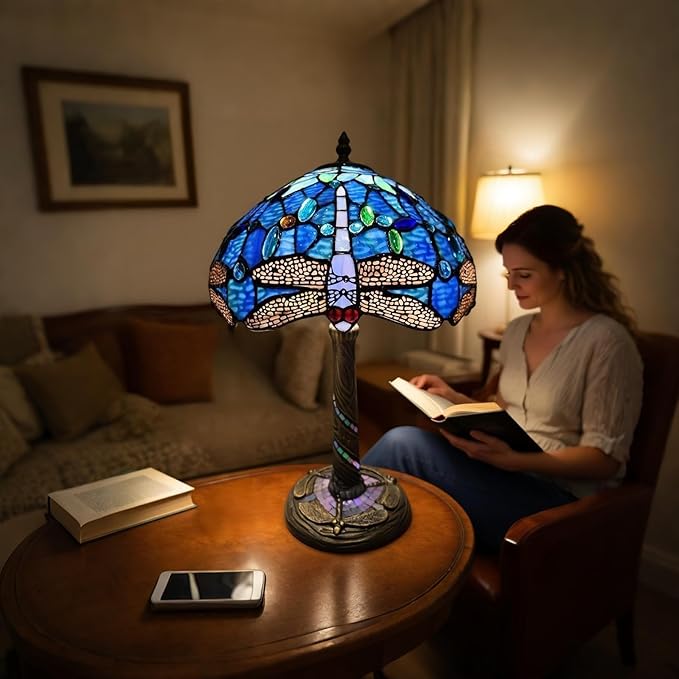 Tiffany-Style Table Lamp, 12" Blue Dragonfly Handmade Stained Glass Lamp Shade, Vintage Reading Light for Bedroom Living Room, LED Bulb Included