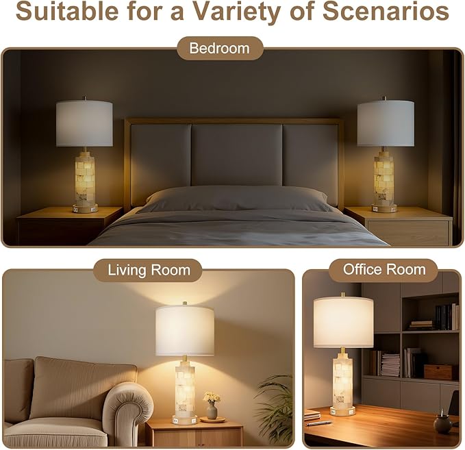 27" Natural Alabaster Wood Table Lamp Set of 2 with Night Light for Living Room, Nightstand Lamps with USB A+C Ports, Linen Shade, Farmhouse Bedside Lamps for Bedroom,Office,Hotel (Bulbs Included)