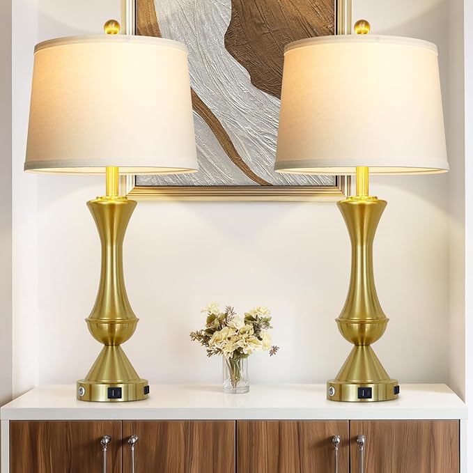 29" Tall Gold Table Lamps Set of 2 for Living Room, Touch Control Bedroom Lamps for Nightstand, 3-Way Dimmable Bedside Lamp with USB A+C Port &AC Outlets(2 LED Bulbs Included)
