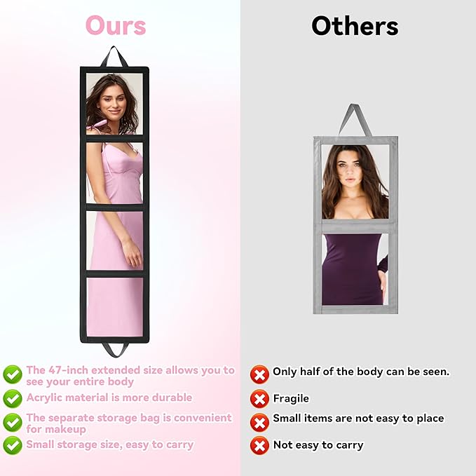 ROYALAY Foldable Full Length Mirror with Handle, 47 * 13in Four-fold Portable Mirror for Travel Makeup Dancing and Fitting Clothes, Black