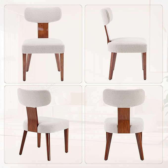 Dining Chairs Set of 3, Mid-Century Modern Upholstered Kitchen Chairs with Curved Backrest and Linen Fabric Seat, Wood Leg Accent Chairs for Dining Room, Living Room, Bedroom, Linen Beige