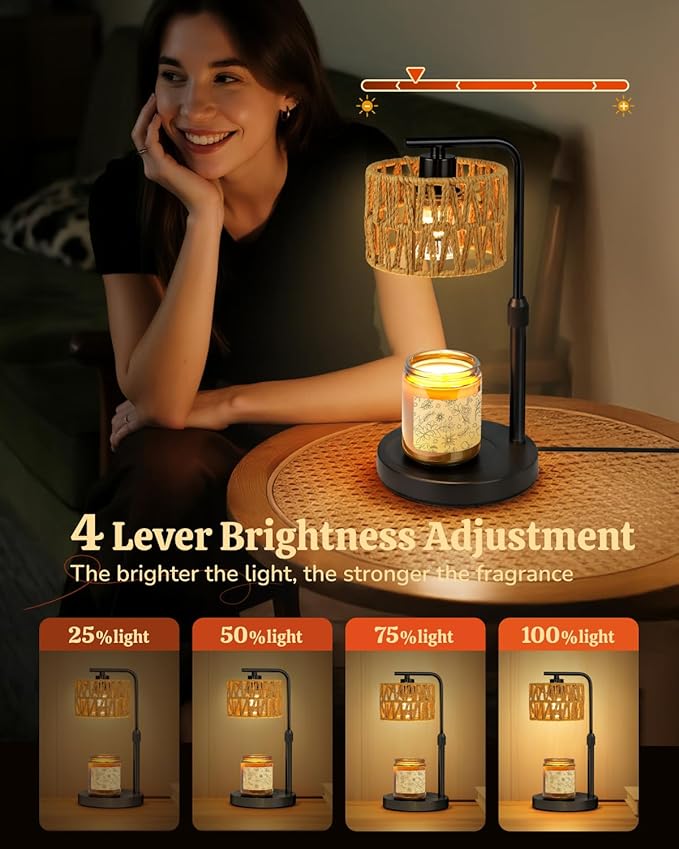 Candle Warmer Lamp, Timer Dimmable Candle Lamp, Adjustable Height and Brightness Candle Warmer, Boho Rattan Lampshade and 2 Bulbs, Suitable for Home Decor, Birthday Gifts for Women Mom (Black)