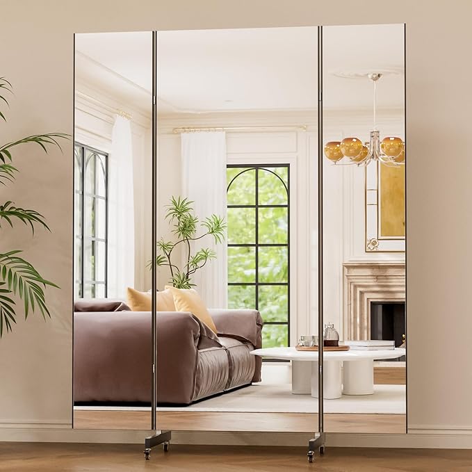 brisafe 67"x55" Folding Mirror with Wheels, 3-Panel Full Length Wall Mirror, Space-Saving Design, Shatterproof Nano Material, Portable Floor Mirror for Gym, Dance Studio, Home, Commercial Use, Black