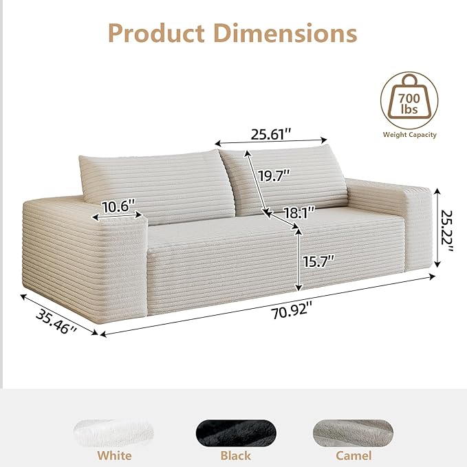 Cloud Loveseat Sofa, Modern Corduroy 2-Seater Couch with Deep Seat, No Assembly Required Memory Foam Sofa, Boneless Sofa in a Box for Bedroom, Apartment, Office,Small Space (White,70.8in)