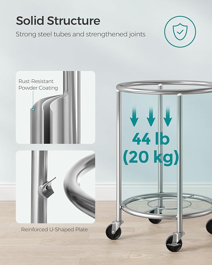 SONGMICS 29-Gallon (110 L) Laundry Basket with Wheels, Rolling Round Heavy-Duty Laundry Hamper Cart with Steel Frame and Removable Bag, 2 Locking Wheels, Mint Green and Metallic Silver URLS002C01