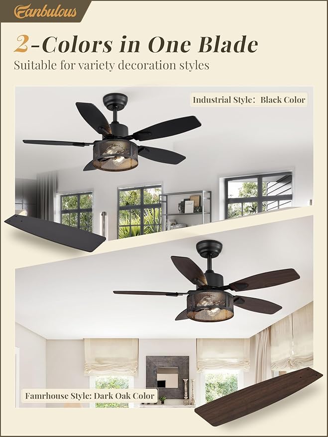 Farmhouse Ceiling Fans with Lights and Remote, 42 Inch Industrial Black Caged Ceiling Fans for Living Room Bedroom Kitchen, 6 Speed Reversible Quiet DC Motor, Dual Finish 5 Blades