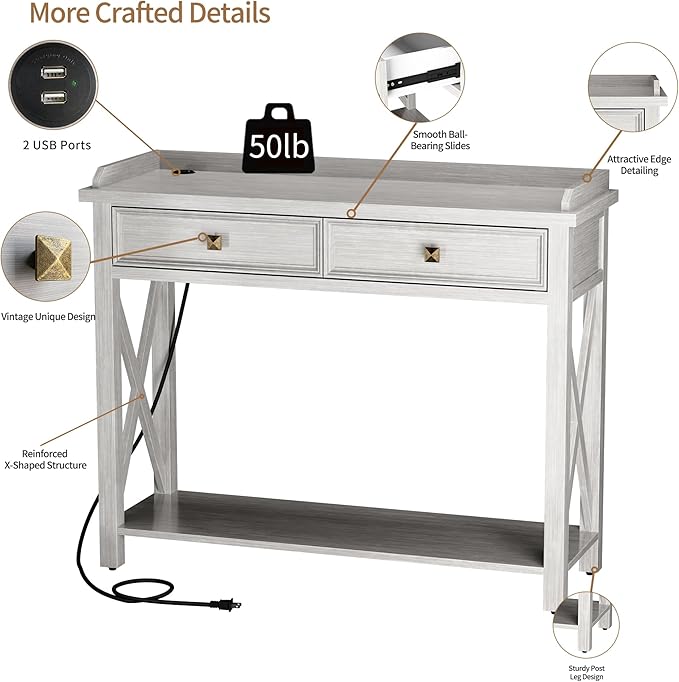 40" Console Table with Drawers, Entryway Table with Charging Station, Mid Century Console Table with Bottom Shelf, Wood Accent Sofa Table for Living Room, Hallway, Foyer, Drawers Pre-Assembled, Grey