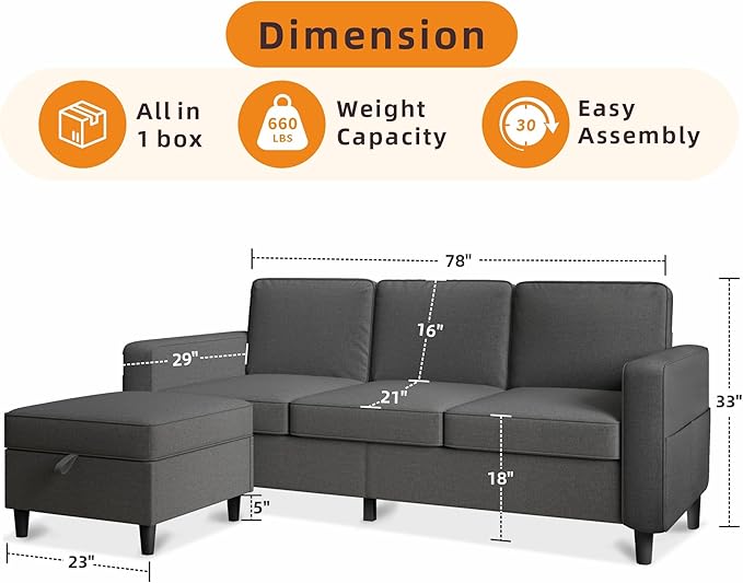 Sectional Sofa Couches for Living Room, 78'' Dark Grey 3 Seater L-Shaped Couch with Storage Ottoman, Comfy Fabric Convertible Sectionals Sofas with Chaise for Apartment, Office, Small Space