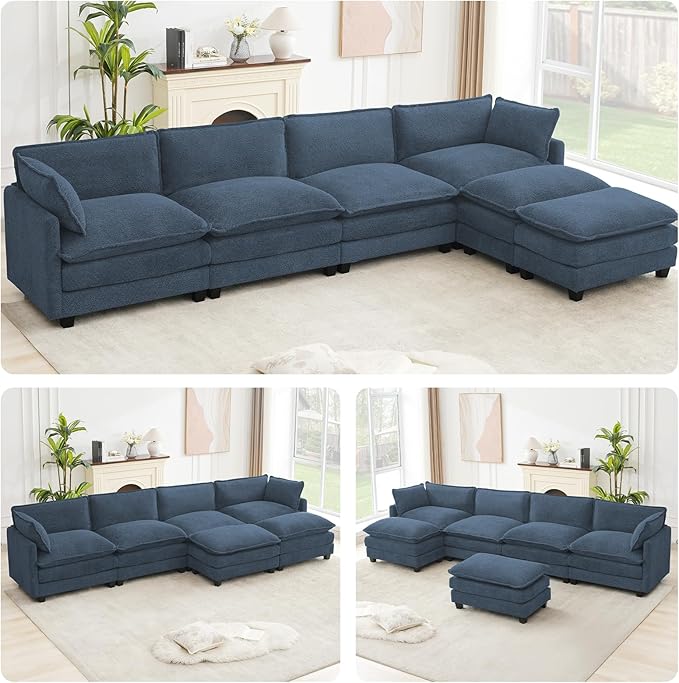 ROWHY Oversized Modular Sectional Couch with 2 Movable Ottoman, 148" Modern Convertible U Shaped Sofa Set, 4 Seat Comfy Cloud Couch with 2 Throw Pillows, for Living Room, Chenille, Royal Blue