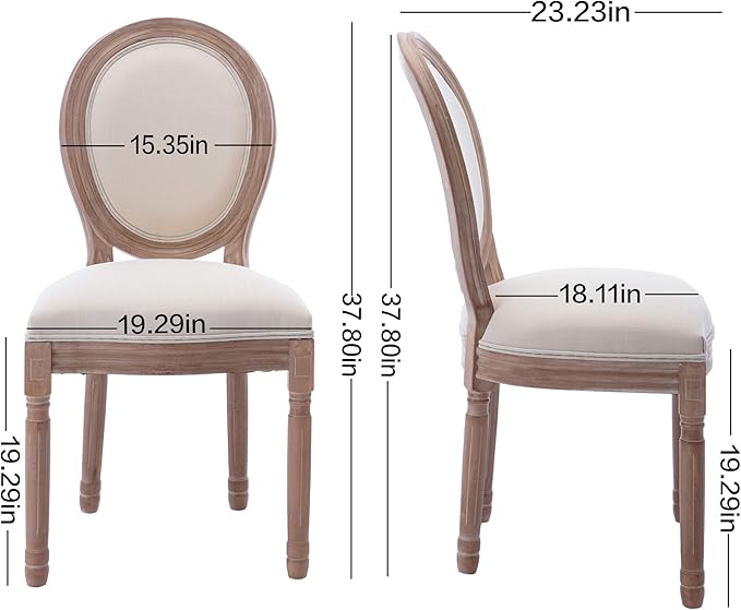 Nrizc French Dining Chairs Set of 2, French Country Dining Chairs, Vintage Farmhouse Dining Chairs with Round Back, Solid Wood Beige Fabric Dining Room Chairs, for Kitchen, Bedroom, Dining Room