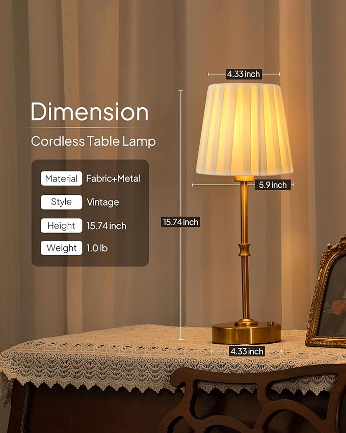 EppieBasic Cordless Table Lamp Rechargeable: Fast Charging & Long Lasting - 2700K Warm Light Vintage Gold Lamps - Dinning Living Room Bedroom - Pleated Shade