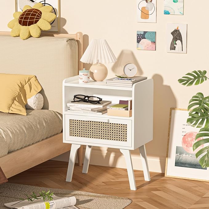 Lerliuo Rattan Nightstands Set of 2, Bedside Table with Drawer Open Shelf, Cane Accent Side End Table with Solid Wood Legs, White Mid Century Night Stand for Bedroom, Dorm and Small Spaces