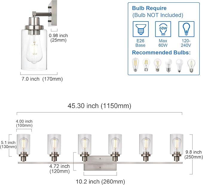 MELUCEE Modern Bathroom Vanity Light Fixtures 6-Light Brushed Nickel Contemporary Wall Light with Glass Shade for Kitchen Living Room Bedroom (Patent No.: US D963914 S)