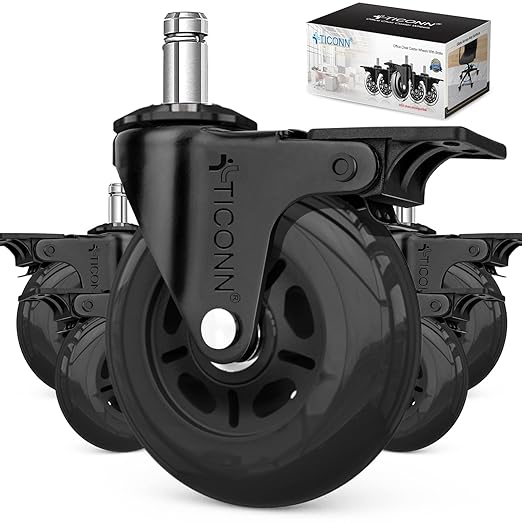 TICONN Office Chair Caster Wheels Set of 5 for Tile, Hardwood Floors and Carpets, Universal Fit for Most Chairs (Black with Brake)