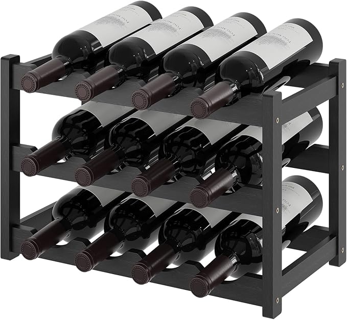 Wine Rack，Bamboo Wine Storage Cabinet Shelf，Countertop Wine Shelf- Freestanding Wine Holder for Kitchen & Pantry (Black, 3-Tier)