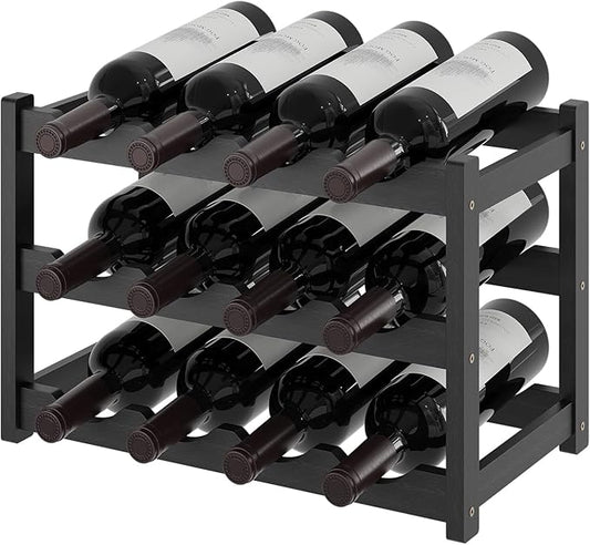 Wine Rack，Bamboo Wine Storage Cabinet Shelf，Countertop Wine Shelf- Freestanding Wine Holder for Kitchen & Pantry (Black, 3-Tier)