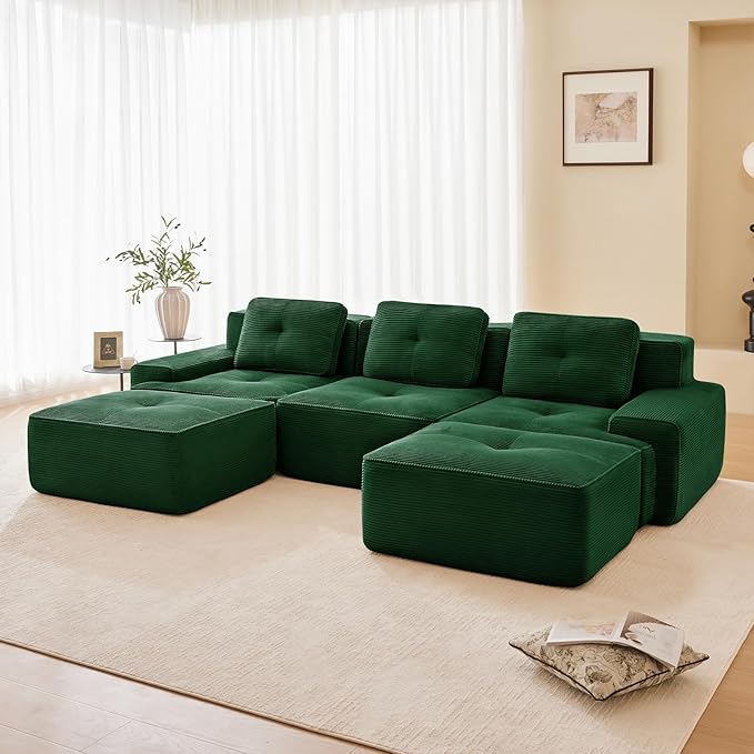 115" Modern Compressed Boneless Couch with Ottoman, 3 Seater Large U Shaped Sectional Couches for Living Room, Green Corduroy Cloud Modular Sectional Sofa, Memory Foam, Extra Deep, No Assembly