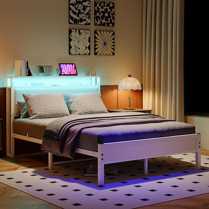Full Size Bed Frame with LED Lights,Upholstered Headboard with Storage Shelves&Charging Station, Heavy Duty LED Bed Frame Full Mattress Foundation No Box Spring Needed, Noise Free,White