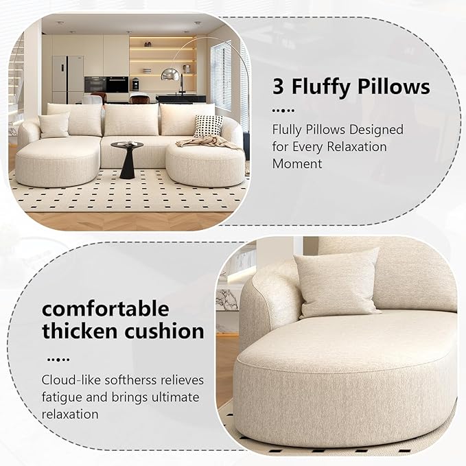 111" Modular Sectional Couches Luxury Modern Curved Back U-Shape Sofa Set with Ottoman,Minimalist Comfy Boneless Cloud Couch for Living Room Apartment,(Left Facing Chaise,White)
