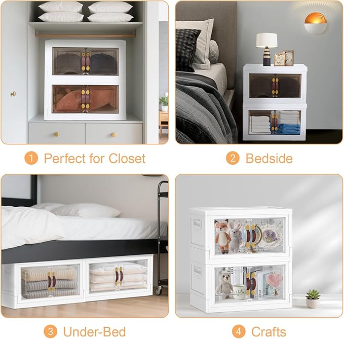 MOONEDGE 35QT Plastic Stackable Storage Bins with Lids, Collapsible Organizer with Magnetic Doors & Hidden Locking Handles, Storage Cabinet for Pet, Closet, Living Room, Pantry & Office Organization