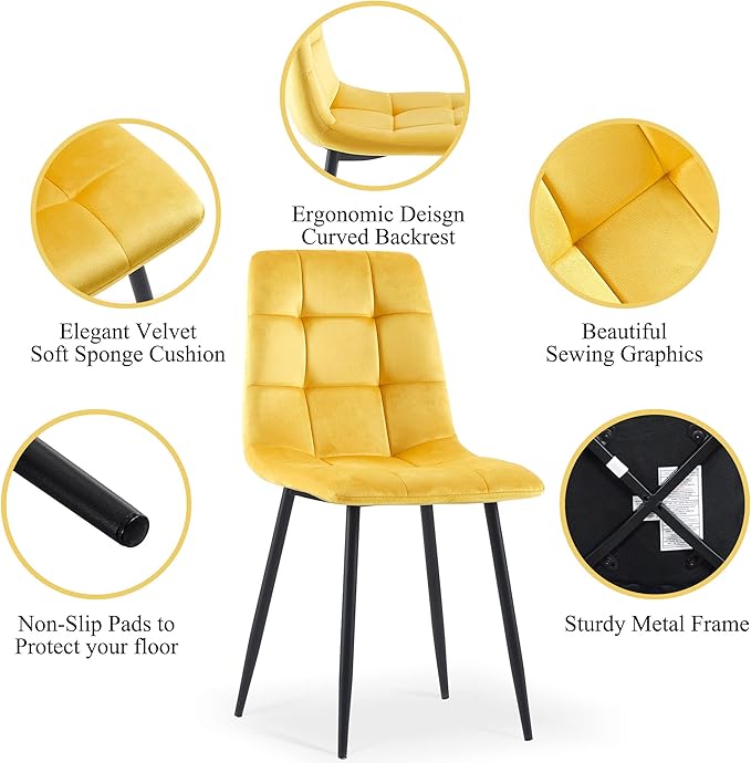 NORDICANA Yellow Velvet Dinner Chairs Set of 4, Modern Armless Biscuit Tufted Dining Side Chairs with Metal Legs for Kitchen Living Room Vanity