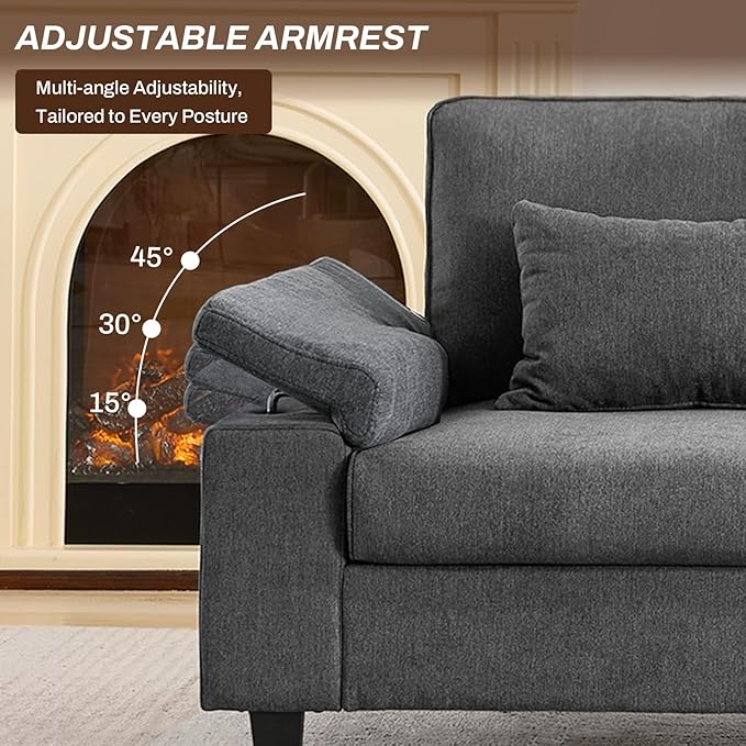 3 Seater Couch for Living Room, 79'' Comfy Deep Seat Sofa with Adjustable Armrests & USB/Type-C Charging Ports, Mid Century Modern Couch for Bedroom, Home Office,Gray