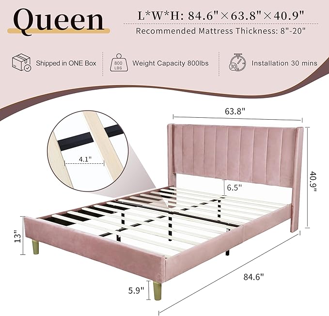 Queen Size Upholstered Platform Bed Frame with Modern Wingback & Vertical Panel Headboard, Velvet Fabric, Wooden Legs & Slats Support, No Box Spring Needed, Noise-Free & Easy Assembly, Pink