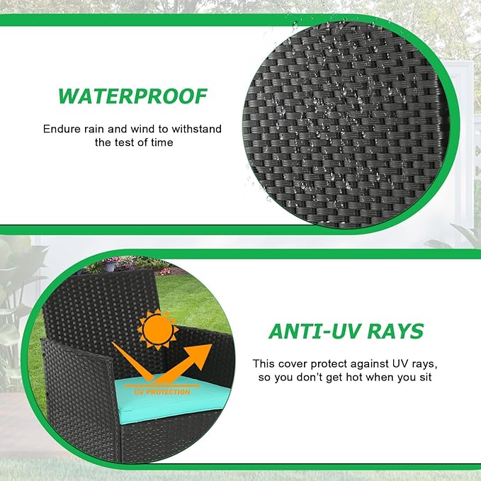 FDW 3 Piece Outdoor Furniture Set Patio Wicker Chairs Furniture Bistro Conversation Set 2 Rattan Chairs with Blue Cushions and Glass Coffee Table for Porch Lawn Garden Balcony Backyard