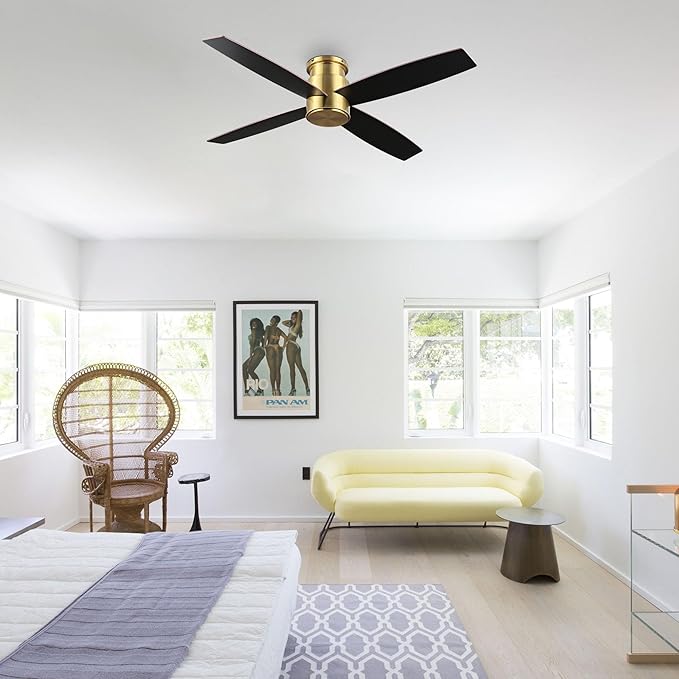 WINGBO 44" Flush Mount DC Ceiling Fan without Lights, 4 Reversible Plywood Blades, Quiet 6-Speed DC Motor, Hugger Low Profile Ceiling Fan No Lights for Bedroom, Brass Finish and Black/White Blades