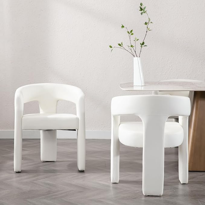 Set of 3 Modern PU Leather Upholstered Dining Chairs with Open-Back, Cute Barrel Side Chairs Kitchen Armchair Accent Chairs for Dining Room Bedroom, White