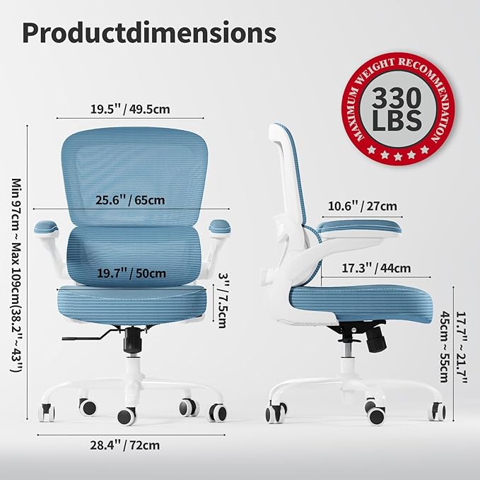 TRALT Ergonomic Office Chair - Desk Chair with Adjustable Lumbar Support Computer Chair - Mesh Comfy Chair with Flip-up Armrests - Gaming Chairs for Adults Home Office (PU Leather, Sky Blue)