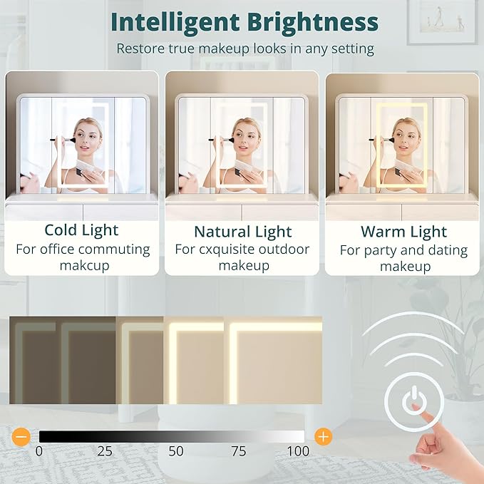 IRONCK Vanity Makeup Desk with 3-Sided Foldable LED Mirror, Create Your Glam Space with 9 Secret Storage Shelves, Built-in Charging, White Elegant Curved Dressing Table