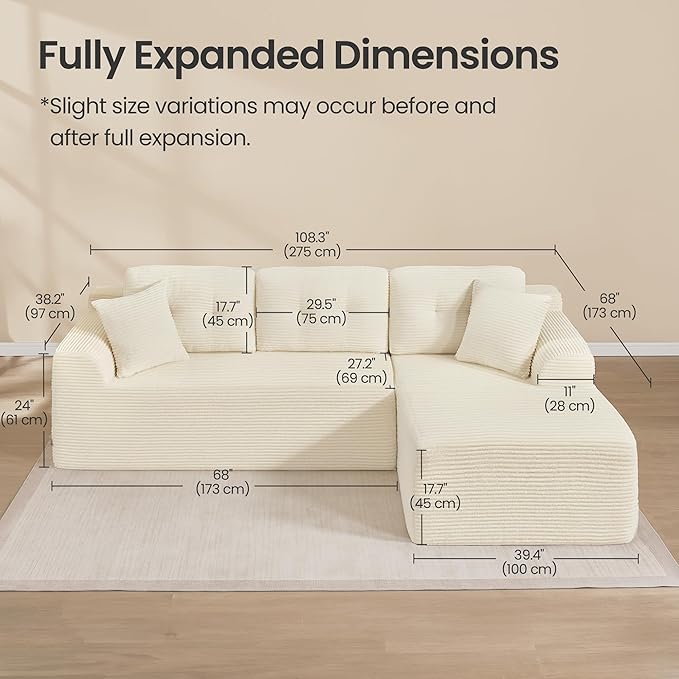 VASAGLE 108.3 Inches Boneless Couch with Chaise, Modular Sectional Sofa, Modern Cloud Couch with Deep Seat, L-Shape Corduroy Sofa for Living Room, Right-Facing Chaise, Bedroom, Cream White ULCS182WD01