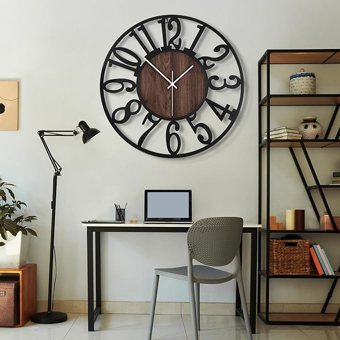 Maxstar Large Round Wall Clock for Living Room Decor Battery Operated Non Ticking Black Metal Wood Clocks for Home Living Room Garden Office Kitchen Decoration -40inch