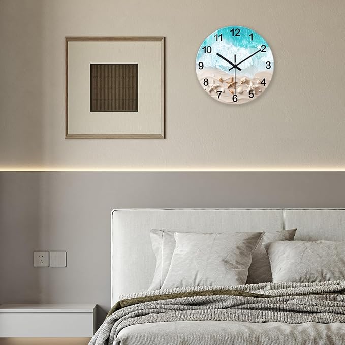 XNM Round Bedroom Clock Battery Operated 14 Inch Contemporary Blue Beach Wall Clock Silent Coastal Clocks for Walls