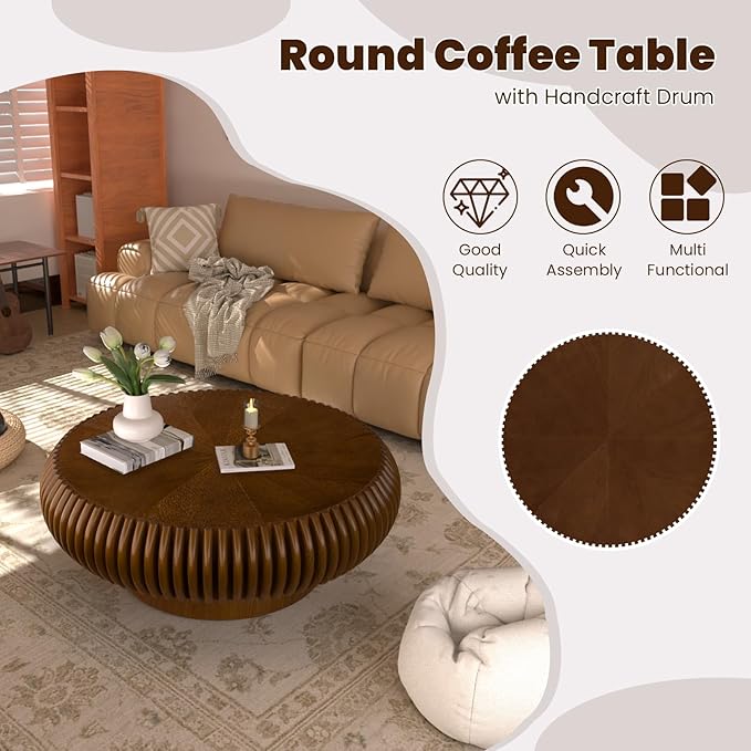 Round Drum Coffee Table for Living Room, Mid Century Modern Coffee Table with Sturdy Pedestal, Farmhouse Fluted Circle Center Table Accent Tea Table for Apartment (31.5" Walnut)