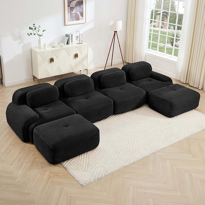 Black Ottoman for Modular Sectional Sofa, Corduroy Deep Seat for Oversized Compressed Boneless Sectional Couches for Living Room Bedroom Apartment, Cloud Sofa Couch, Memory Foam, No Assembly