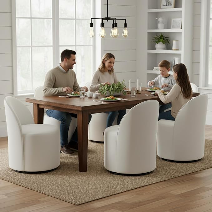 Modern Barrel Dining Chairs Set of 3, Swivel Base White Accent Chair 360°Rotating Vanity Chair Mid-Century Dining Side Chair Kitchen Chair for Living Room, Bedroom, Home, Office, Kitchen