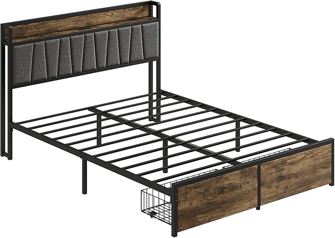 Queen Bed Frame with Storage Drawers and Charging Station, Upholstered Headboard Metal Platform Bed with USB Ports, No Box Spring Needed, Easy Assembly, Dark Brown