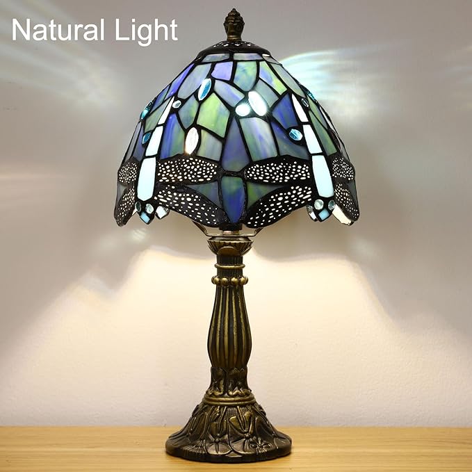 Tiffany Small Table Lamp,Blue Dragonfly Stained Glass 3 Color Temperature Antique Table Lamps,Bedside Nightstand Lamp for Bedroom,Living Room,Home Office+LED Bulb,8X8X15Inch