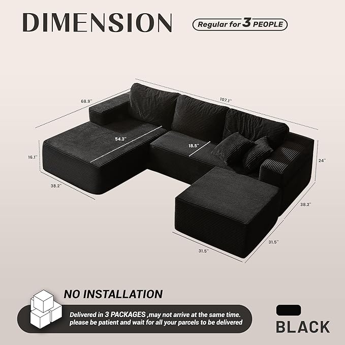 107" Boneless Couch with Deep Seat, Modular Sectional Sofa, Cloud Sectional Couch for Living Room, No Assembly Required, Corduroy, U-Shape 3 Seater Left, Black