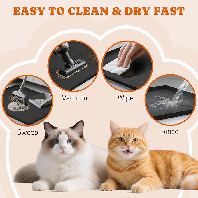 Pawtners Extra Large 2 Packs Silicone Cat Litter Mats, 34" x 22" Waterproof Litter Box Mat, Non-Slip Kitty Litter Mat for Scatter Control, Easy to Clean & Urine-Proof Cat Litter Trapping Mat, Black