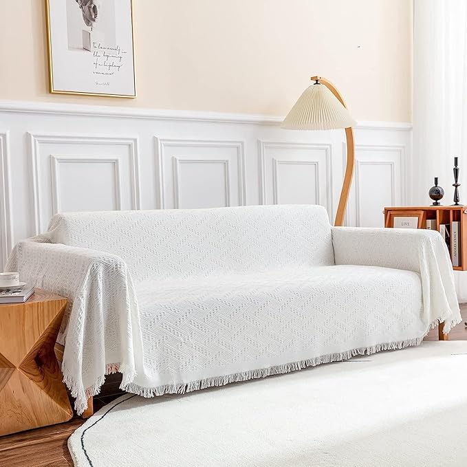 Deep Dream Sectional Couch Cover - Geometrical Jacquard Fabric Sofa Cover for 3 Cushion Couch, Dogs - Medium, 71" x 91", White